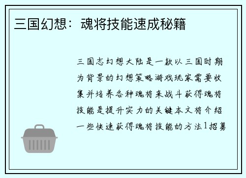 三国幻想：魂将技能速成秘籍