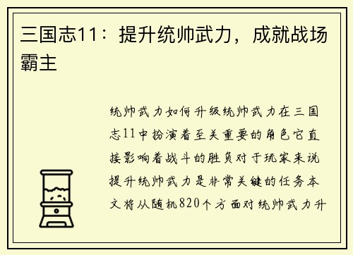 三国志11：提升统帅武力，成就战场霸主