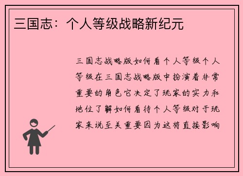 三国志：个人等级战略新纪元